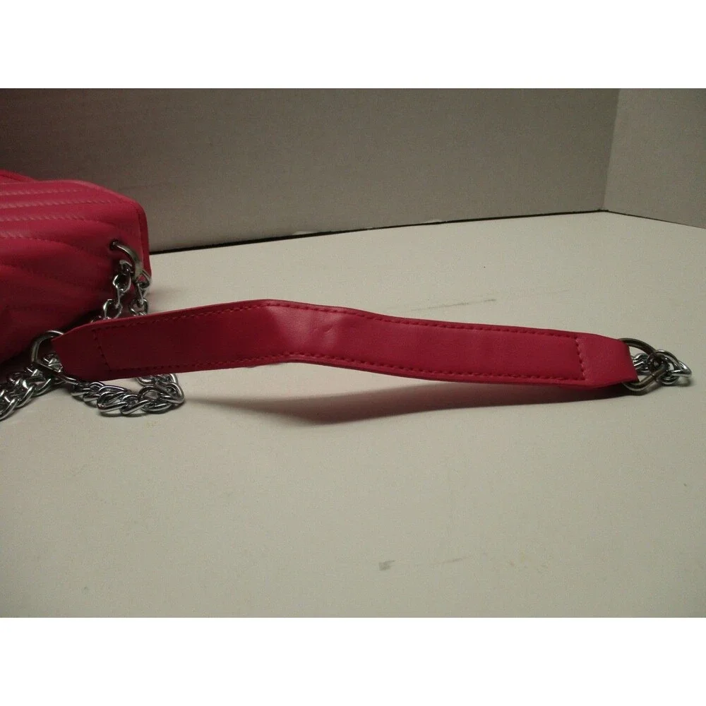Women's Quilted Hot Pink Leather Handbag Silver Chain Shoulder Bag Magnet Close